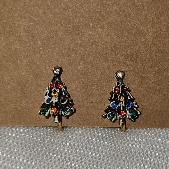 Vintage Christmas Tree Clip-On Earrings with Rhinestones-read! - Picture 1 of 7